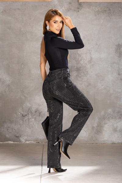 Jeans rectos negros con pedrería – Midnight Glam