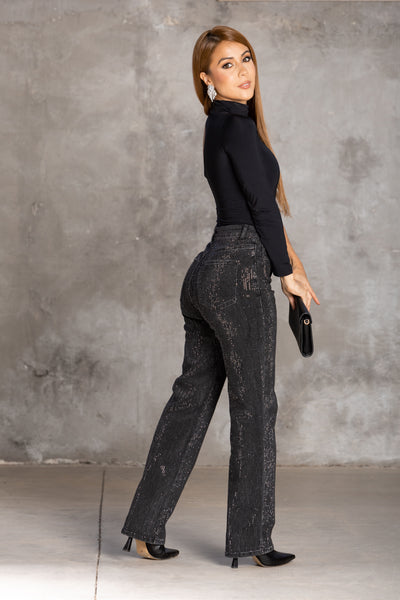 Jeans rectos negros con pedrería – Midnight Glam