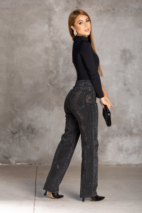 Jeans rectos negros con pedrería – Midnight Glam