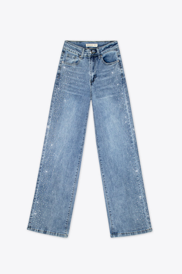 Jeans wide leg azul claro con brillos laterales – Skyline Shine