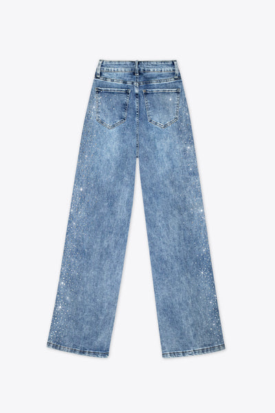 Jeans wide leg azul claro con brillos laterales – Skyline Shine