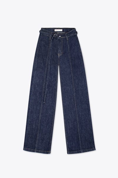 Jeans wide leg azul oscuro con cinturón integrado – Metro Blue