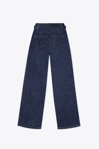 Jeans wide leg azul oscuro con cinturón integrado – Metro Blue