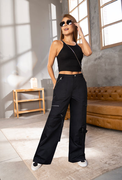 Pantalón wide leg de satín negro – Noir Motion