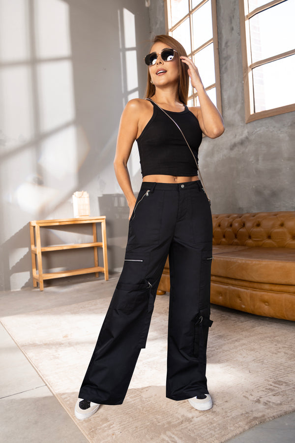 Pantalón wide leg de satín negro – Noir Motion