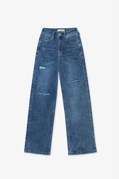 Jeans wide leg azul medio con rotos – Siena Curve