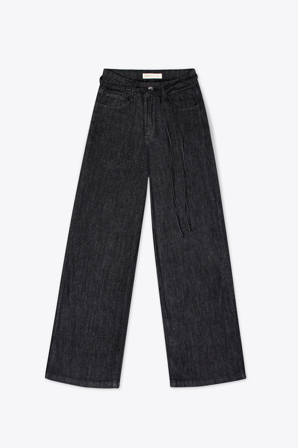 Jeans wide leg negros con cintura ajustable – Velvet Obsidian