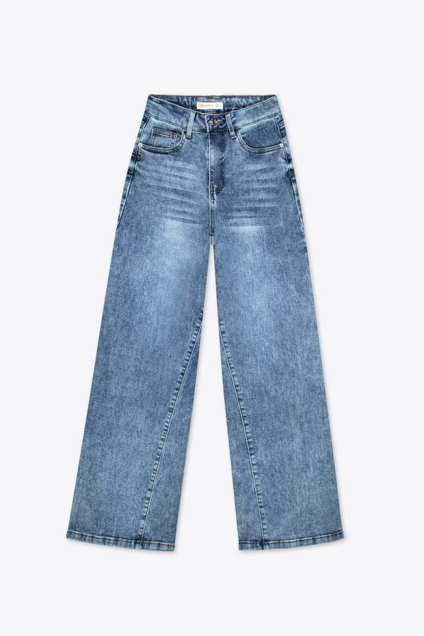 Jeans wide leg azules con líneas asimétricas – Rebel Denim