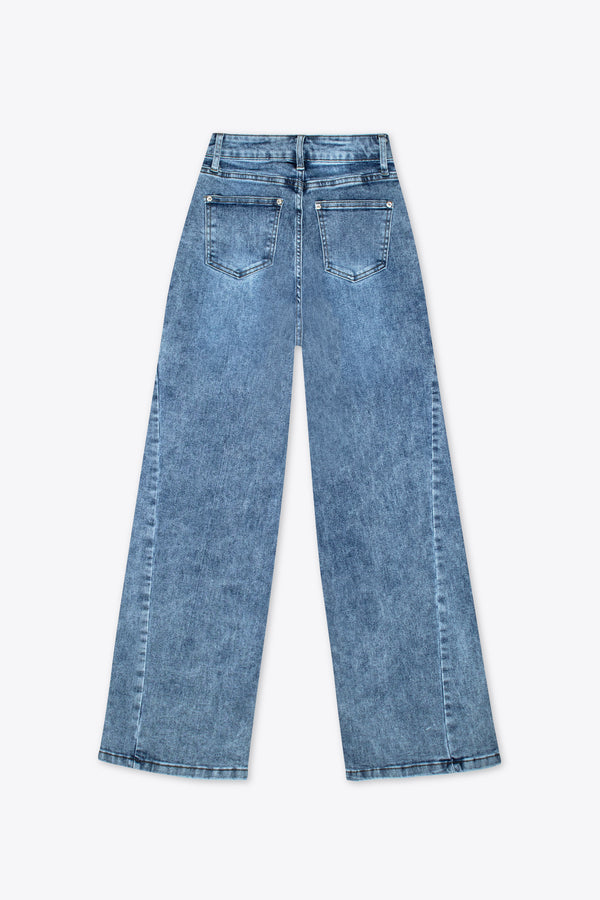 Jeans wide leg azules con líneas asimétricas – Rebel Denim