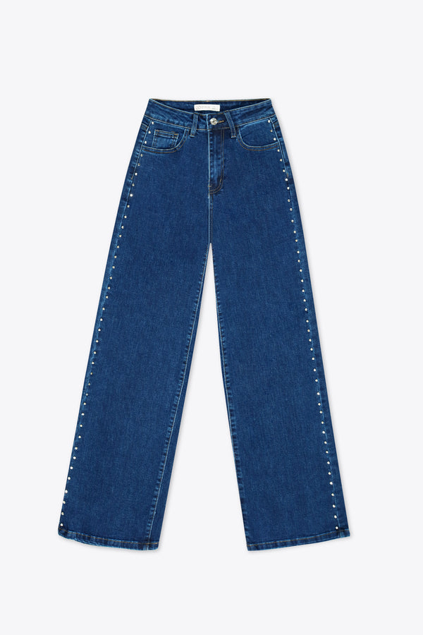 Jeans wide leg azul oscuro con estoperoles – Stud Wide