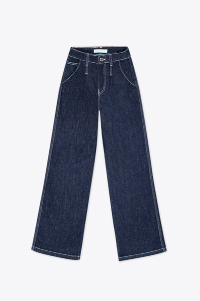 Jeans wide leg azul oscuro con costuras contrastantes – Neon Dark