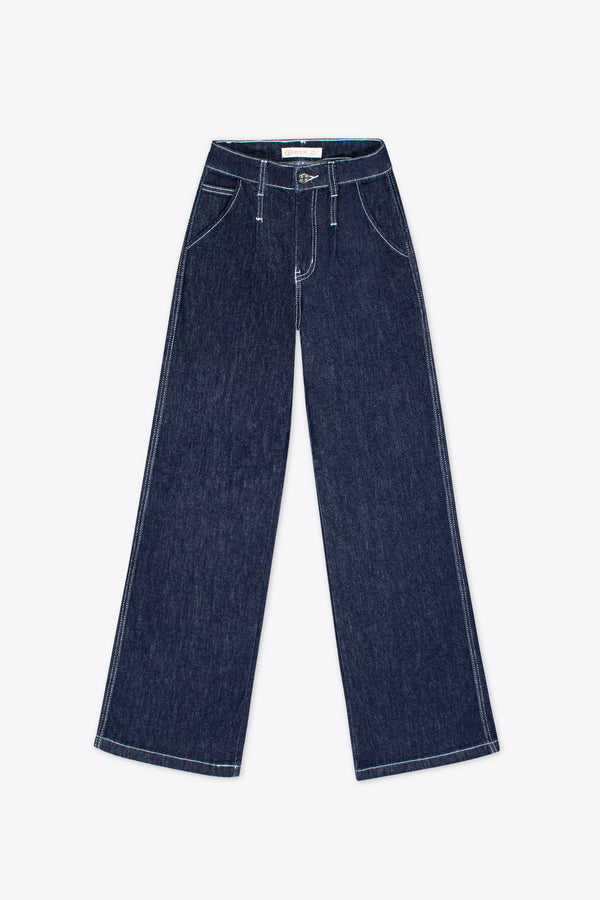 Jeans wide leg azul oscuro con costuras contrastantes – Neon Dark