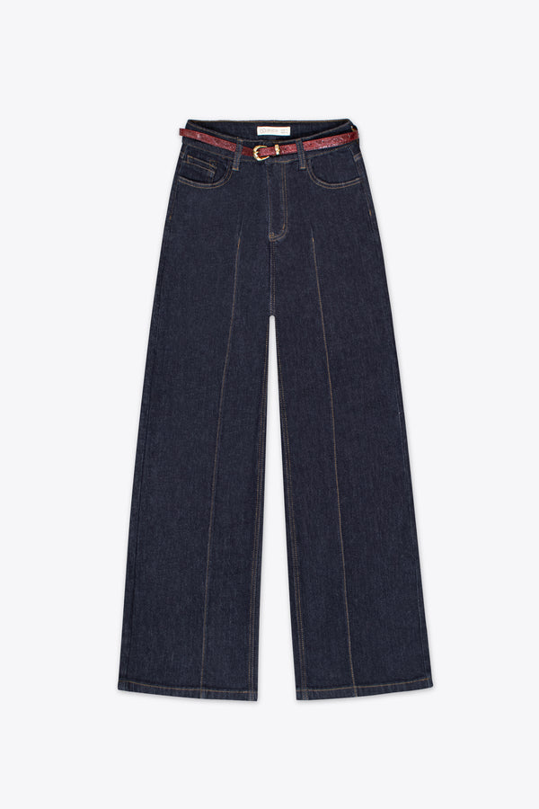Jeans wide leg azul oscuro con cinturón – Canyon Blue