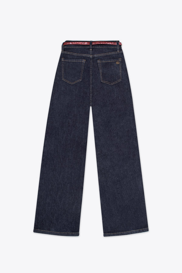 Jeans wide leg azul oscuro con cinturón – Canyon Blue
