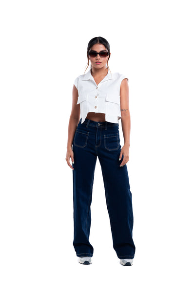Jeans wide leg azul oscuro con bolsas delanteras – Midnight Fit