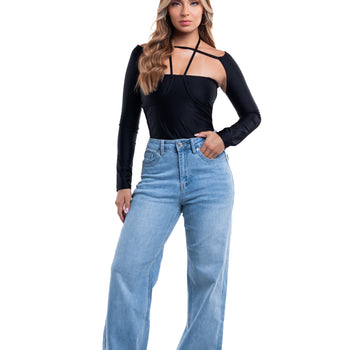 Jeans wide leg azul claro con doblez – Luna Alta