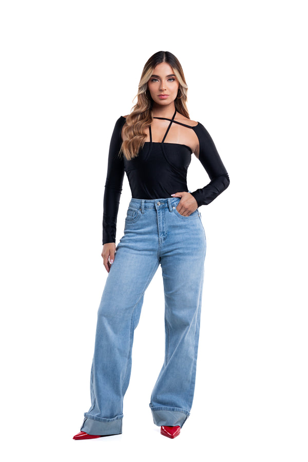 Jeans wide leg azul claro con doblez – Luna Alta